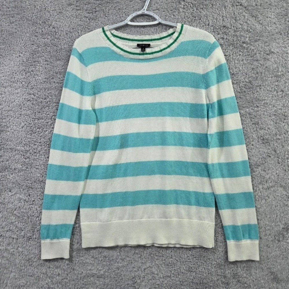 Talbots Striped Crew Neck Pullover Sweater Medium Blue White w/ Green Accent